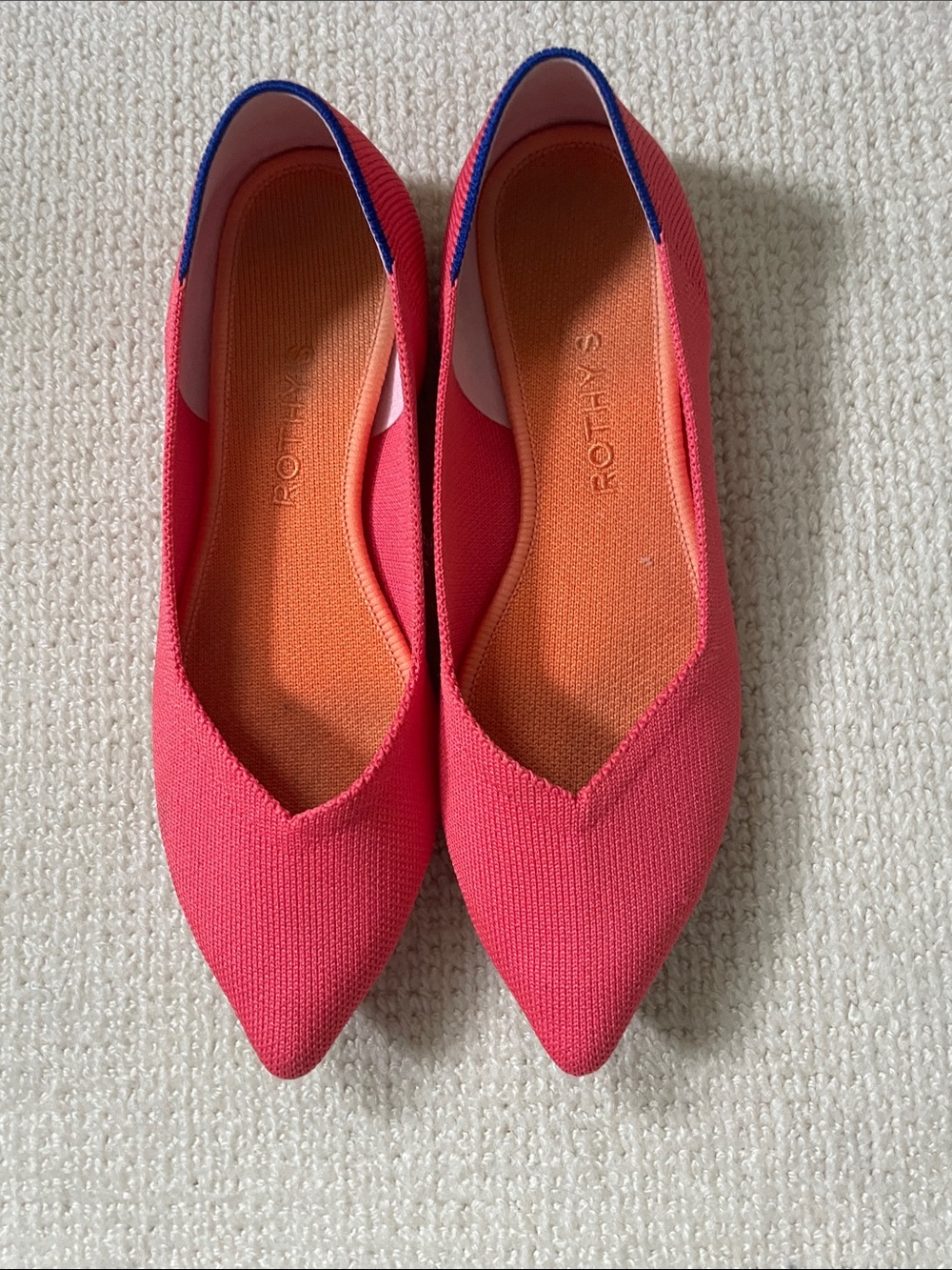 Rothy's Pointed Flats in Coral Pink with Orange Insole